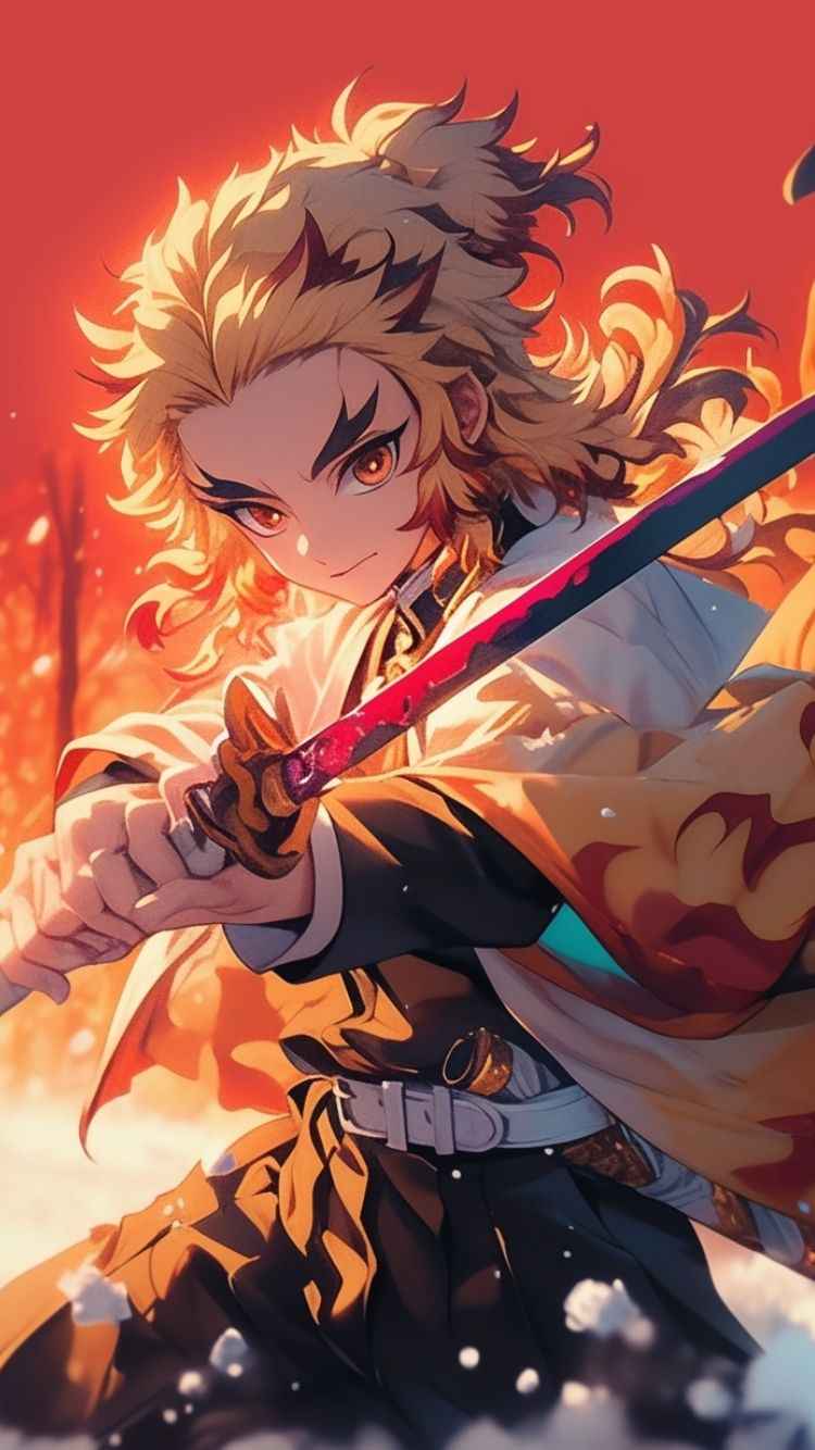 Anime character kyojuro rengoku with long hair, wielding a sword, featured as an iphone wallpaper.