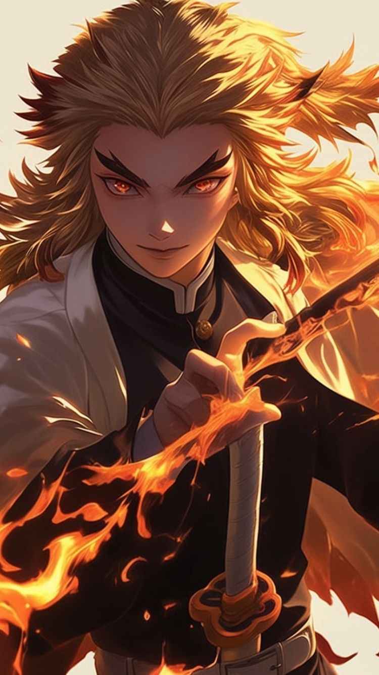 Anime character kyojuro rengoku with long blonde hair, wielding a sword, featured as a phone wallpaper.