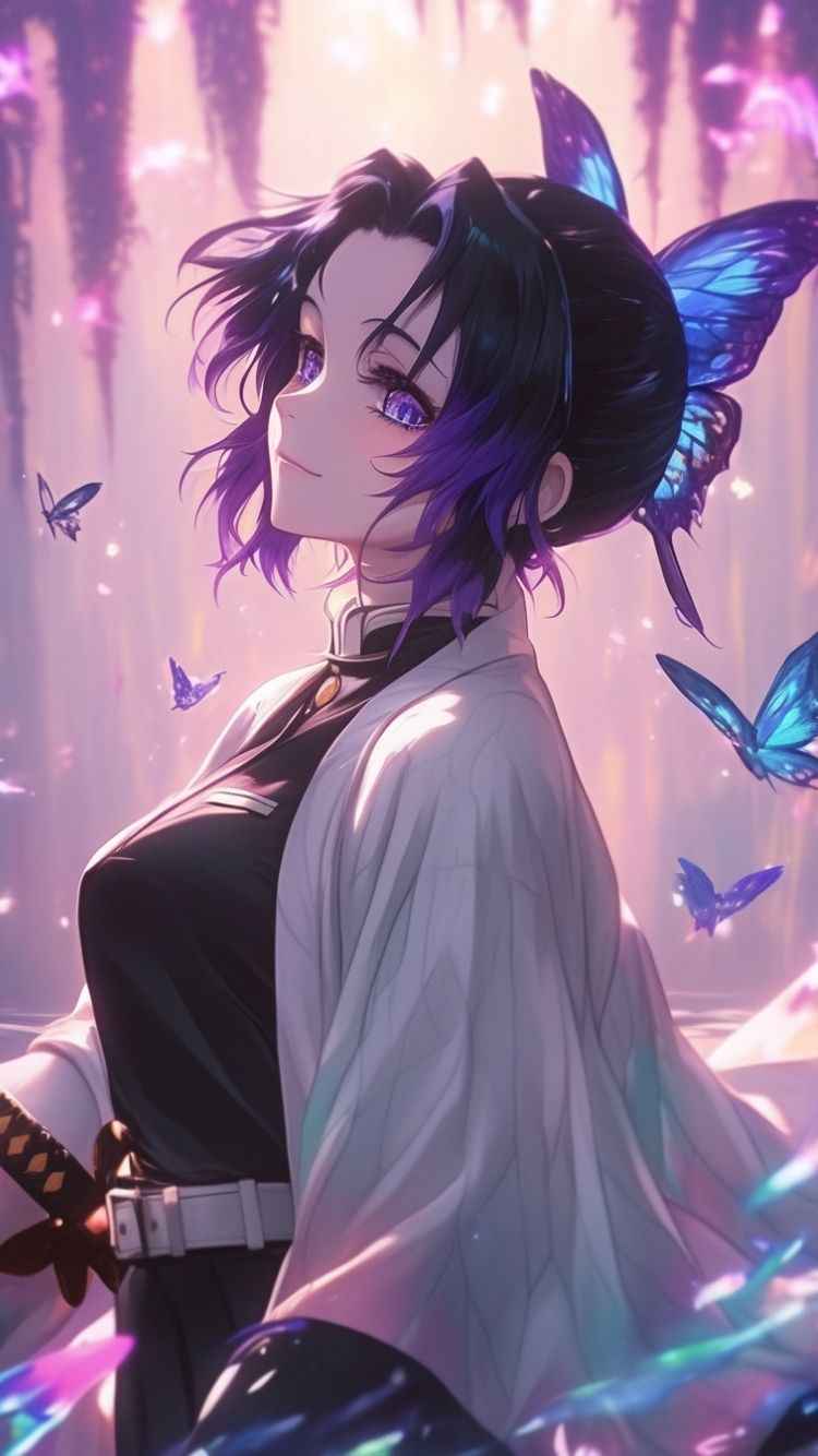 Stunning anime girl featuring purple hair and butterfly wings, inspired by shinobu kocho, ideal for a phone wallpaper design.