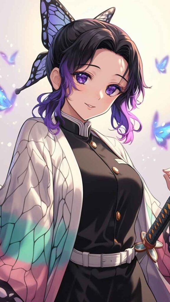 Enchanting anime girl featuring purple hair and butterfly wings, inspired by shinobu kocho, ideal for a stylish phone wallpaper.