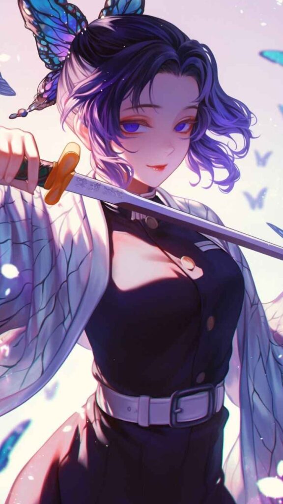 Anime character with purple hair and black clothing, holding a butterfly, reflecting the style of shinobu kocho wallpaper