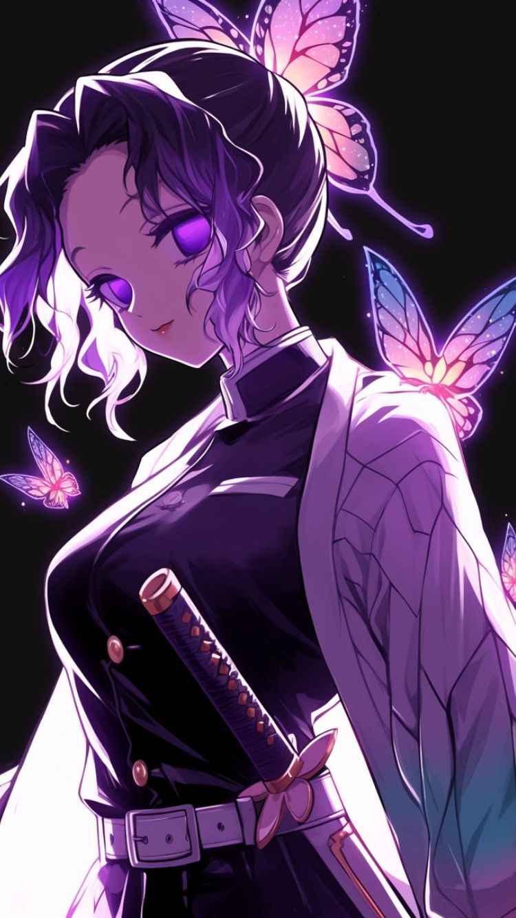 An enchanting anime girl with purple eyes and dark black hair, showcased in a shinobu kocho wallpaper for iphone devices.