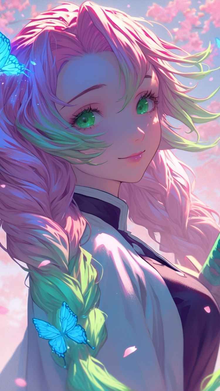 Wallpaper featuring a girl with pink hair and green eyes, reminiscent of mitsuri kanroji from demon slayer.