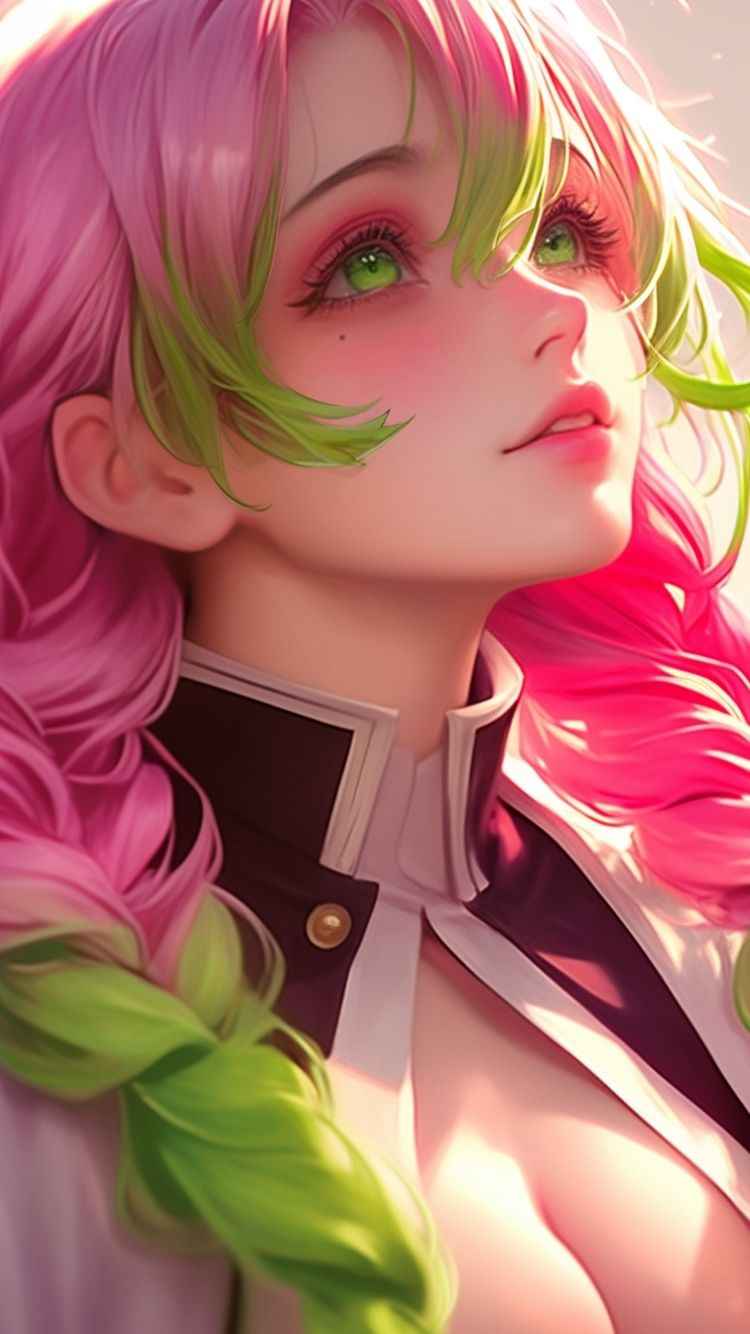 Phone wallpaper depicting an anime girl with pink and green hair, capturing the essence of mitsuri kanroji's character.