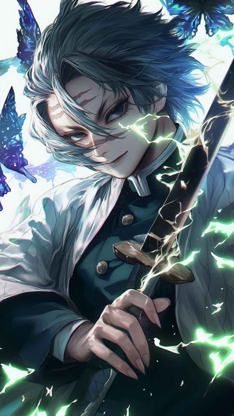 Sanemi shinazugawa, an anime character with striking white hair, brandishes a sword, showcasing a fierce expression.