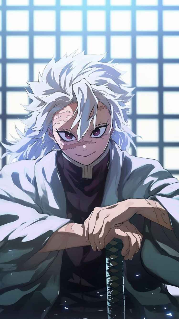 An iphone wallpaper showcasing an anime character with white hair and blue eyes, embodying the essence of sanemi.