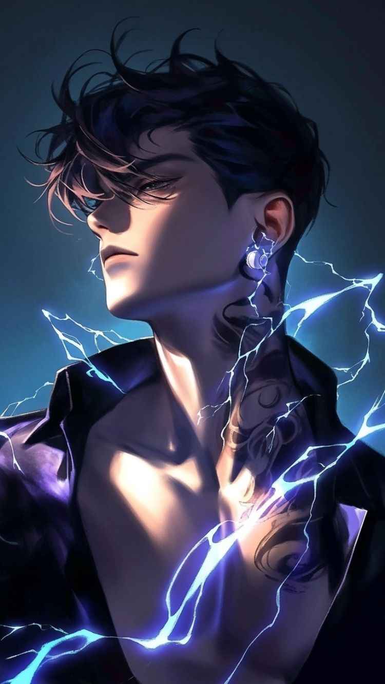 Dynamic image of an anime boy with lightning in hand, exuding power and energy, designed as a captivating 4k wallpaper.