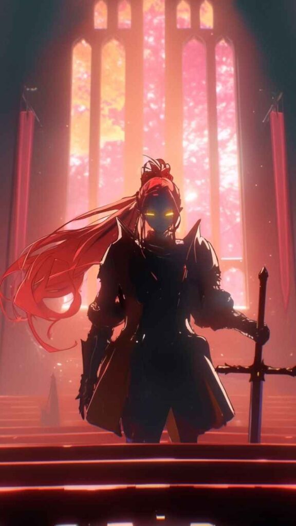 Anime character with red hair stands confidently on a staircase, inspired by solo leveling's igris wallpaper.